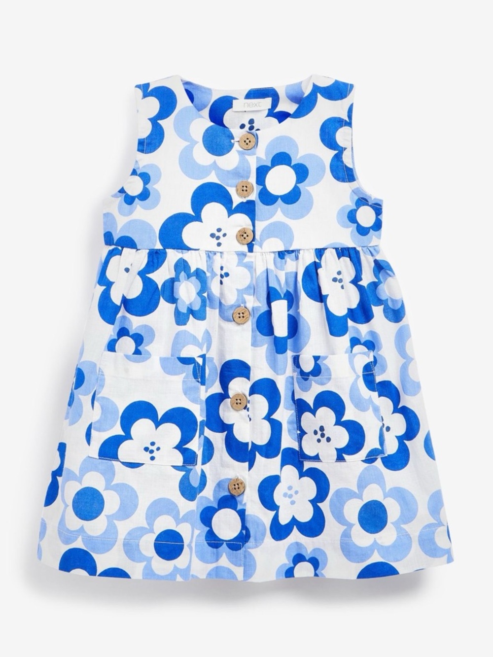 Next Girls Blue Retro Print Cotton Sleeveless Dress Size 3-4 years